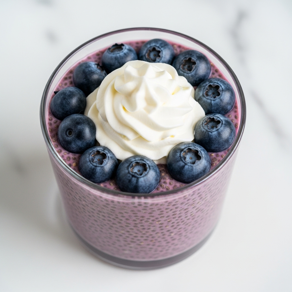 A clear glass filled with a thick, purple chia pudding that has tiny, visible chia seeds throughout, creating a textured look. On top, there is a swirl of white whipped cream placed in the center, surrounded by large, fresh blueberries evenly arranged around the whipped cream, adding a deep blue contrast. The glass sits on a white marbled surface. photo taken with an iphone --ar 4:5 --v 7