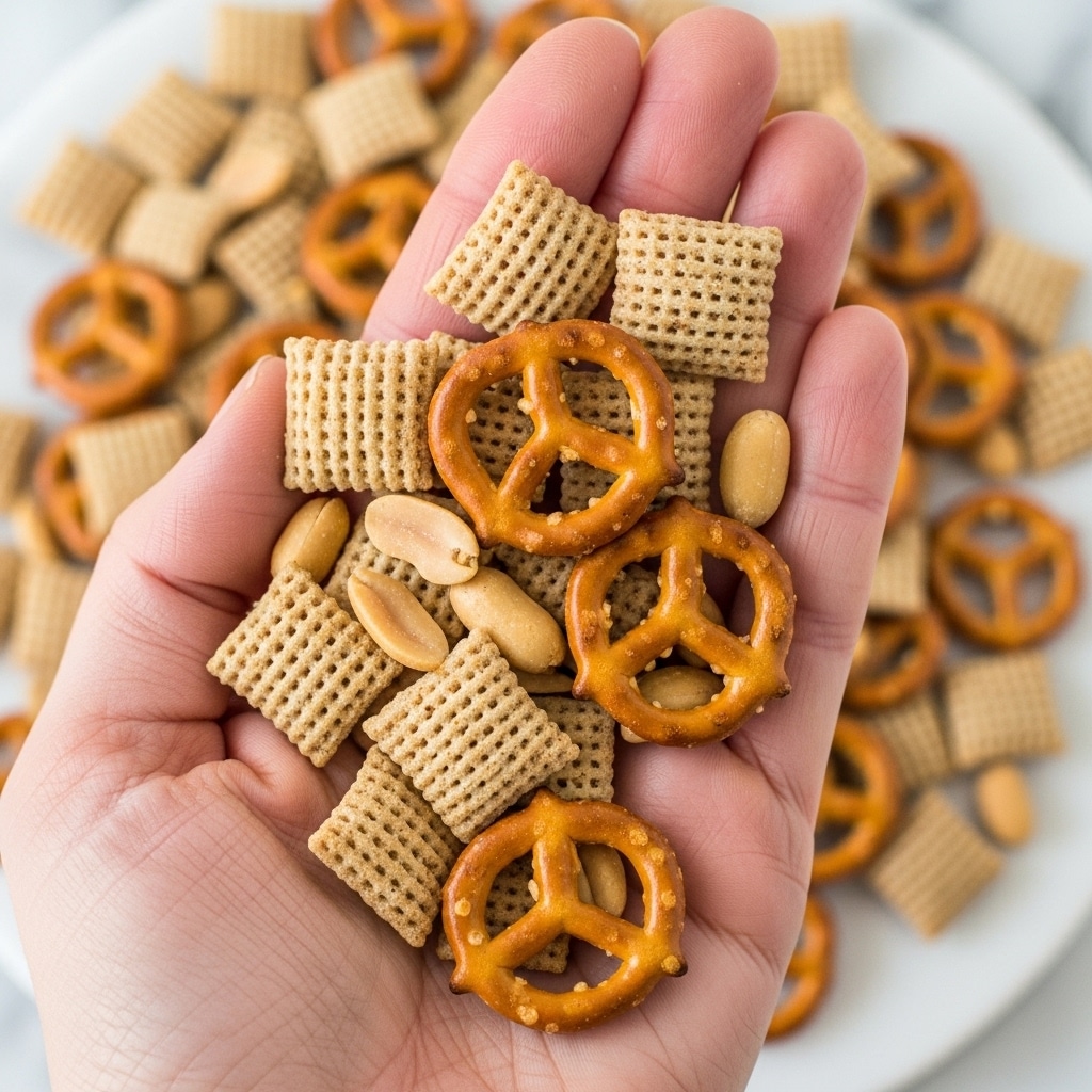A white bowl filled with a mix of snack pieces, piled high with crunchy golden-brown pretzels on top. Underneath, there are light brown square cereal pieces with a rough texture, small round cereal rings, and a few pale peanuts scattered throughout. The bowl sits on a white marbled surface with some snacks scattered around it. The colors are mainly shades of brown and beige, showing a crunchy and salty trail mix. Photo taken with an iphone --ar 4:5 --v 7