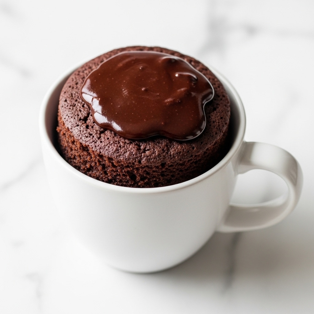 A white mug filled with a single layer of moist, dark brown chocolate cake topped with a glossy, thick layer of melted dark chocolate. The cake surface is slightly uneven and textured, with some cracks visible around the edges. The mug handle is on the right side, and the background is a white marbled texture. Photo taken with an iphone --ar 4:5 --v 7