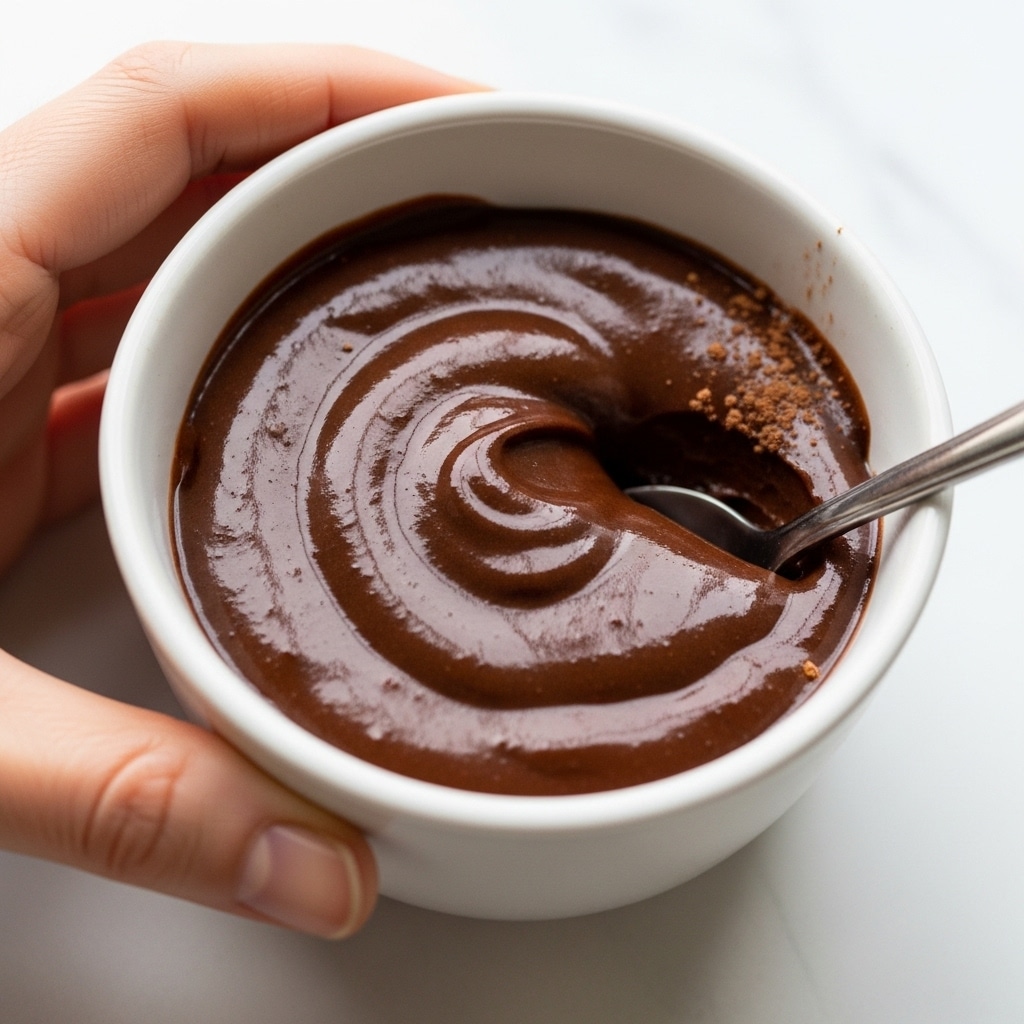 A white ceramic cup filled with thick, glossy dark brown chocolate pudding, its smooth surface slightly disturbed by a spoon inside. The top layer has a rich, shiny texture, reflecting light, with a dusting of fine cocoa powder around the edges. A woman's hand gently holds the cup from the side, showing soft skin tones against the simple, white marbled background. The scene is cozy and close-up, focusing on the creamy dessert and the gentle grip. photo taken with an iphone --ar 4:5 --v 7