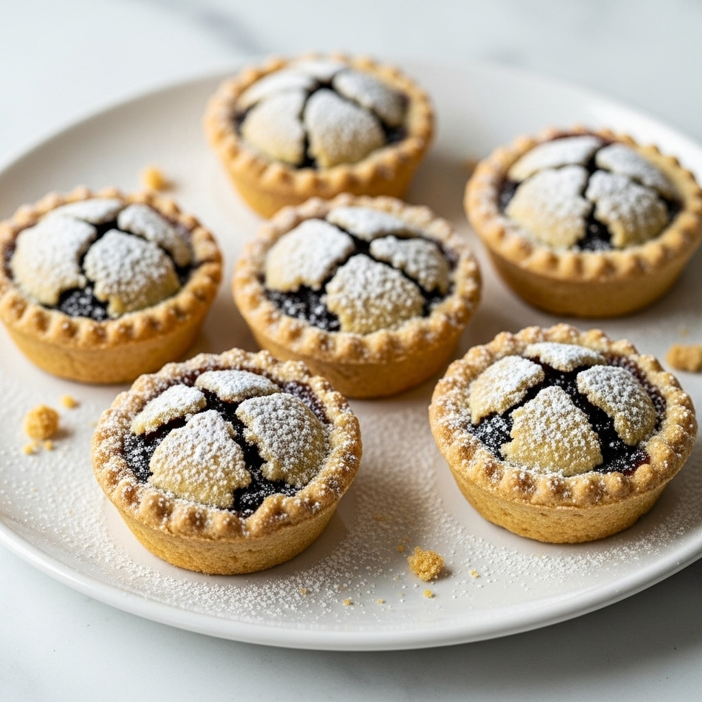 Five small tarts are arranged on a white plate, each tart having a golden-brown crust with a crimped edge and a slightly domed top dusted with white powdered sugar. The filling inside is dark, visible through cracks in the crust, suggesting a rich jam or fruit preserve. Crumbs are scattered lightly around the tarts on the plate, which sits on a white marbled surface. The lighting softly highlights the texture of the crust and powdered sugar, creating a warm and inviting look. Photo taken with an iphone --ar 4:5 --v 7