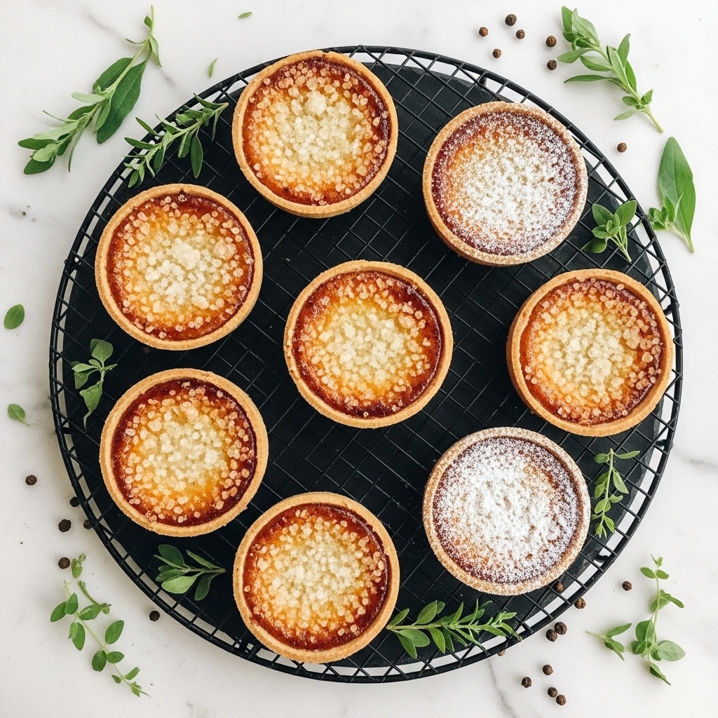 The image shows eight small round tarts placed on a black round cooling rack, which is on a white marbled surface. Each tart has a golden-brown crust with a slightly shiny, sugary top layer that looks crisp and sprinkled with sugar. The tarts are evenly spaced, and some have a light dusting of powdered sugar, giving them a soft texture on top. Around the cooling rack, there are some green herbs and spices for decoration, adding a natural touch. The scene is bright and clear, highlighting the texture and color of the tarts. photo taken with an iphone --ar 4:5 --v 7