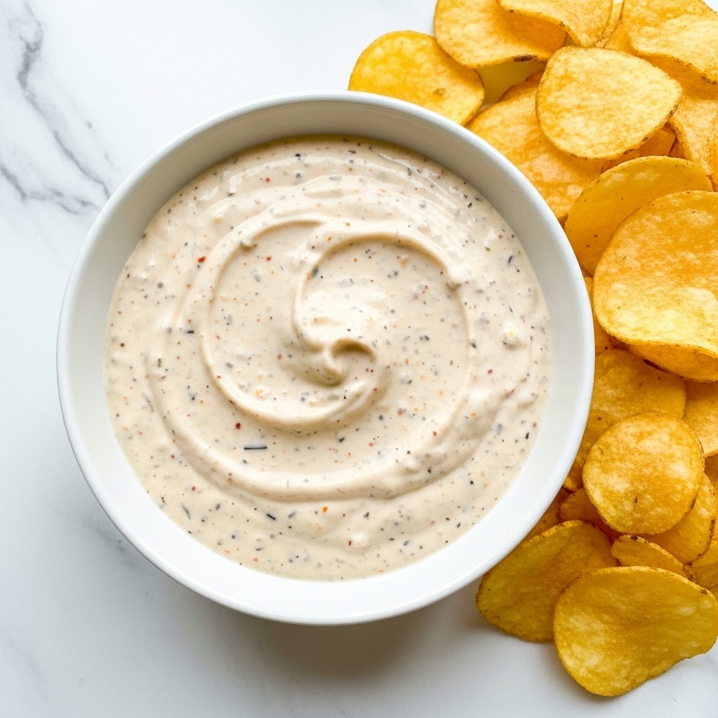 A white bowl filled with a creamy dip that has a smooth texture with small visible specks of red and black seasoning mixed throughout, placed on a white marbled surface. To the right side of the bowl, there is a pile of golden-yellow round and slightly curved potato chips with a crispy texture. The bowl and chips are positioned closely together on the surface. photo taken with an iphone --ar 4:5 --v 7