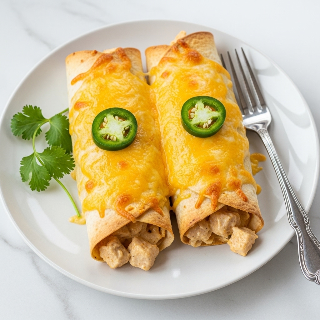 Two cheese-covered rolled tortillas are placed side by side on a white plate. The tortillas are golden and slightly browned, covered in melted yellow cheese with some bits bubbling and glazed on top. One rolled tortilla is slightly open at the edge, showing a creamy filling with chunks of light-colored chicken inside. On top of the cheese and tortillas, two thin jalapeño slices rest near the edges, adding a fresh green color contrast. To the left of the tortillas, a small sprig of green cilantro adds a fresh touch. A silver fork with an ornate handle lies on the right side of the plate, with the tip pointing toward the food. The whole scene is set on a white marbled surface. Photo taken with an iphone --ar 4:5 --v 7