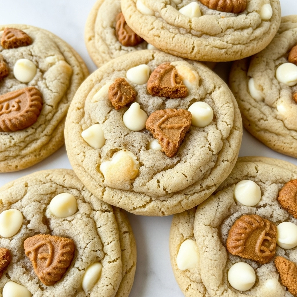 The image shows a close-up view of several soft cookies clustered together on a white marbled surface. Each cookie has a lightly golden base with a smooth and slightly cracked texture. On top of each cookie are visible white chocolate chips and small pieces of crushed cookies giving a mix of creamy white and light brown colors. The cookies have a slightly round, thick shape with a soft, chewy appearance. photo taken with an iphone --ar 4:5 --v 7