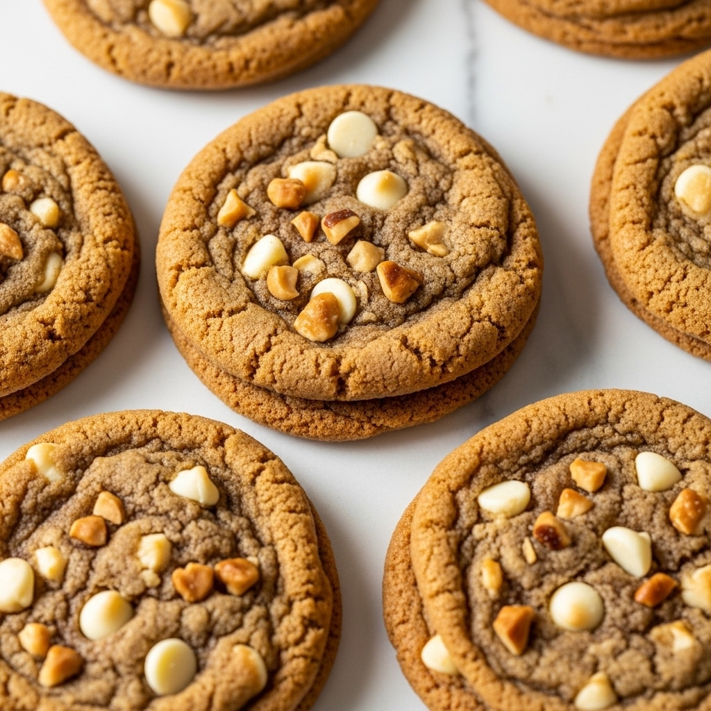 The image shows a close-up of several round cookies with a rough texture, each cookie layered with golden brown dough that looks soft and slightly crumbly. On the surface of the cookies, there are scattered white chocolate chips and pieces of chopped nuts, adding small creamy white and light brown spots among the warm tones of the cookie dough. The cookies are placed directly on a white marbled texture background, enhancing their warm colors. photo taken with an iphone --ar 4:5 --v 7