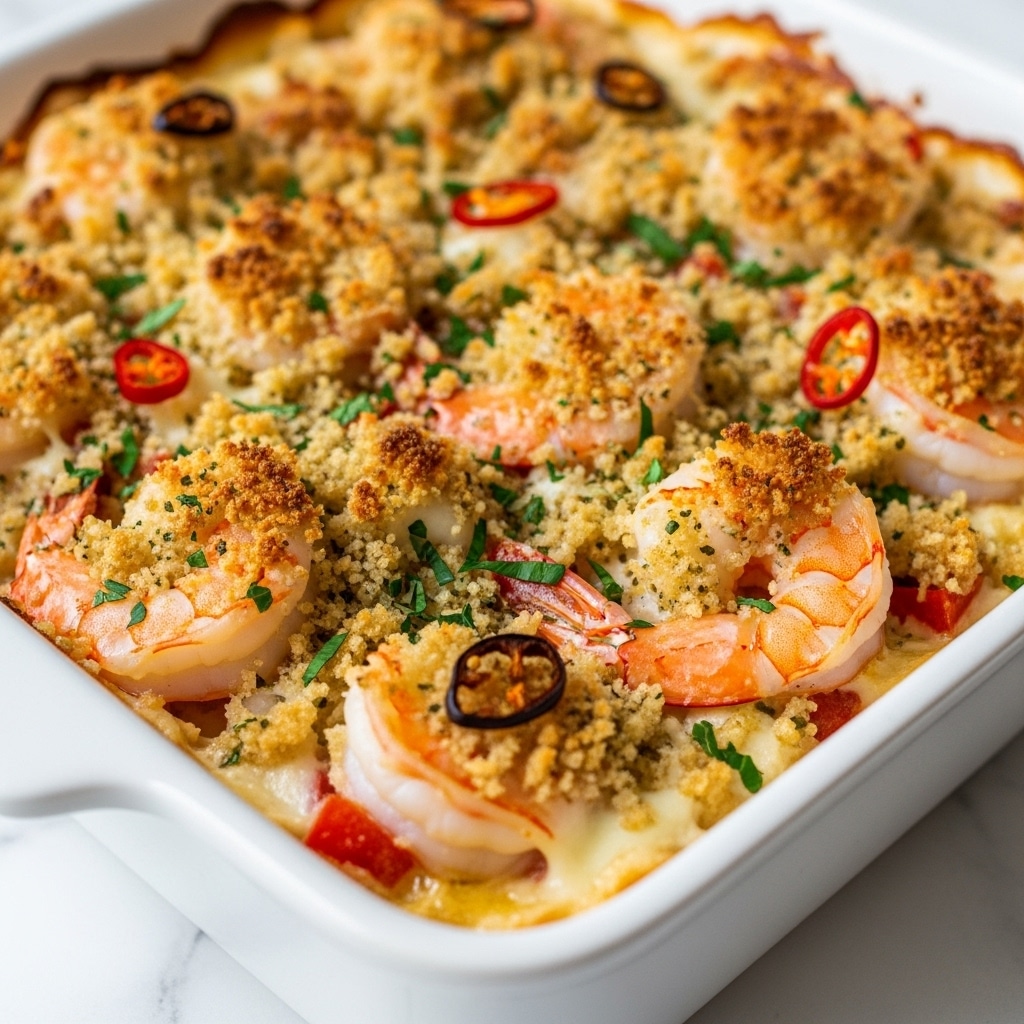 The image shows a close-up of a rectangular white baking dish filled with a baked shrimp casserole. The top layer is golden brown and crispy with toasted breadcrumbs, speckled with chopped green herbs and small red chili pieces. Underneath, large pink shrimp are visible, nestled among the creamy white sauce and melted cheese layers. The casserole looks rich and moist, with a mix of textures from crunchy topping to tender shrimp. The dish rests on a white marbled surface. Photo taken with an iphone --ar 4:5 --v 7