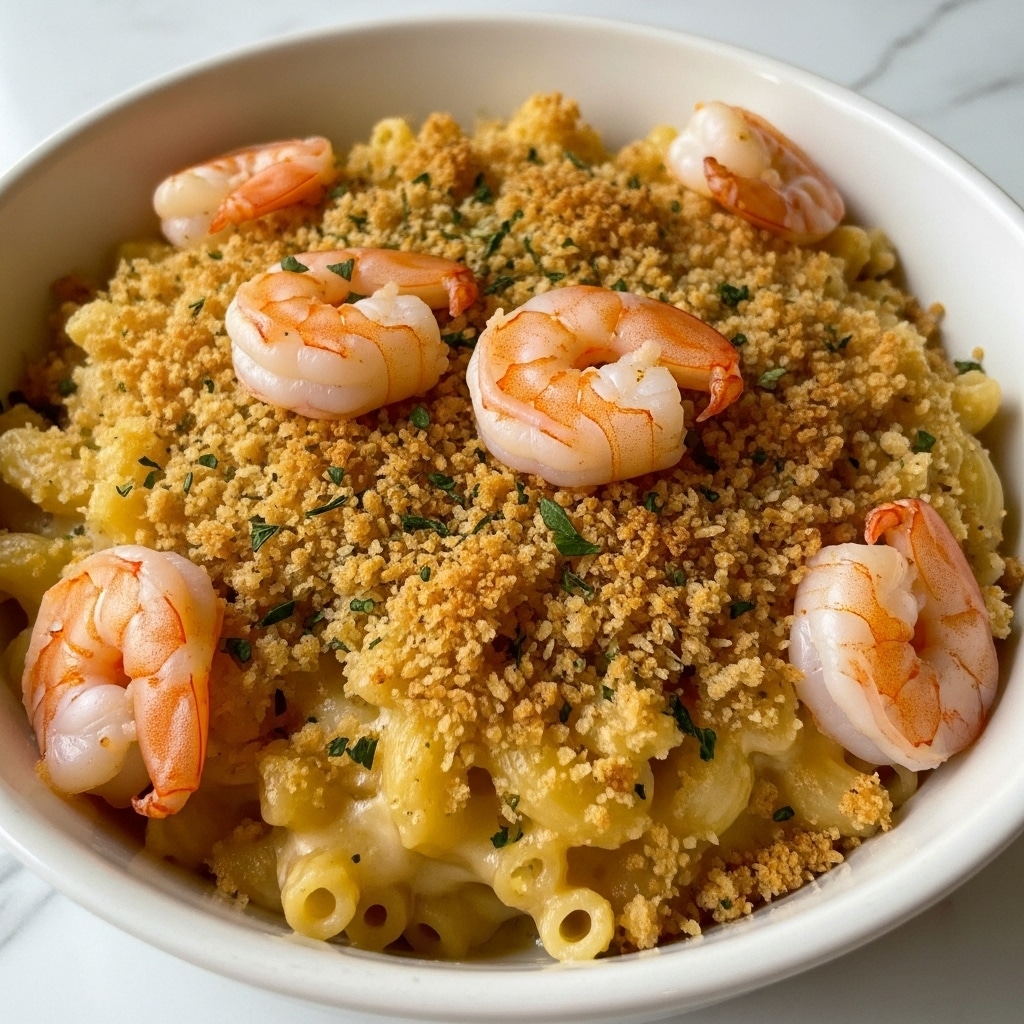 A close-up image shows a white bowl filled with a baked macaroni and cheese dish topped with golden-brown breadcrumbs and several pieces of cooked shrimp scattered on top. The creamy cheese sauce is visible beneath the crunchy crumb layer, and small green herb bits are sprinkled over the surface. The texture looks rich and creamy with a crisp, golden crust. The bowl is placed on a white marbled surface. Photo taken with an iphone --ar 4:5 --v 7