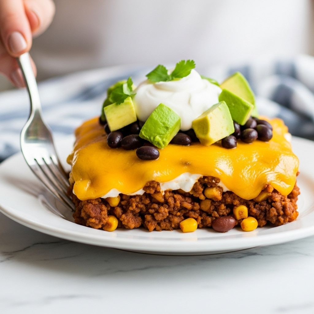 The image shows a close-up of a taco casserole served on a white plate placed on a white marbled surface. The dish has multiple layers starting with a base of cooked ground meat mixed with beans and corn, which looks brown and textured. Above that, there is a melted bright yellow cheese layer that is rich and smooth, slightly covering the meat mixture. On top of the cheese, black beans are scattered, adding small dark spots. Next is a layer of white sour cream dolloped generously in the middle. Small green pieces of avocado are placed around the sour cream, adding fresh green color. To the left of the plate, a woman's hand holds a fork ready to scoop the dish. The background is softly blurred with a hint of blue and white fabric, possibly a napkin. Photo taken with an iphone --ar 4:5 --v 7