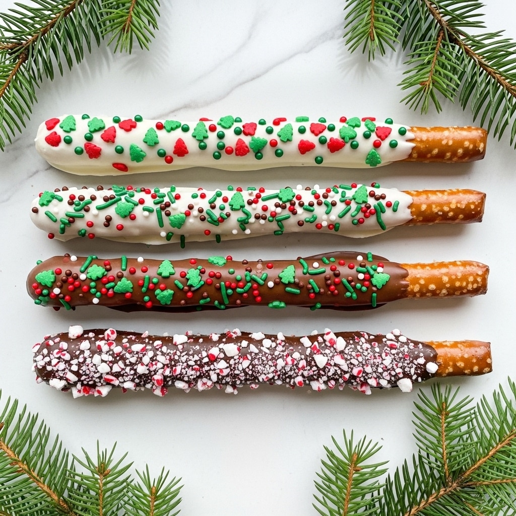 The image shows seven pretzel sticks standing upright inside a white bowl wrapped with a thick brown rope near its top edge. Each pretzel is dipped in different coatings and decorated with various colorful sprinkles. From left to right, the first pretzel is coated with white chocolate and dotted with small red round sprinkles. The second is covered in dark chocolate with scattered white and red round sprinkles. The third also has dark chocolate with red, white, and green star and round sprinkles. The fourth is similar but decorated mainly with green, red, and white star-shaped sprinkles. The fifth pretzel is dipped in white chocolate with pinkish crushed candy cane pieces spiraled around it. The sixth has a white chocolate coating decorated with green round sprinkles. The last pretzel also has white chocolate and green sprinkles. The setting includes a red cloth and green pine branches on a white marbled surface in the background. photo taken with an iphone --ar 4:5 --v 7