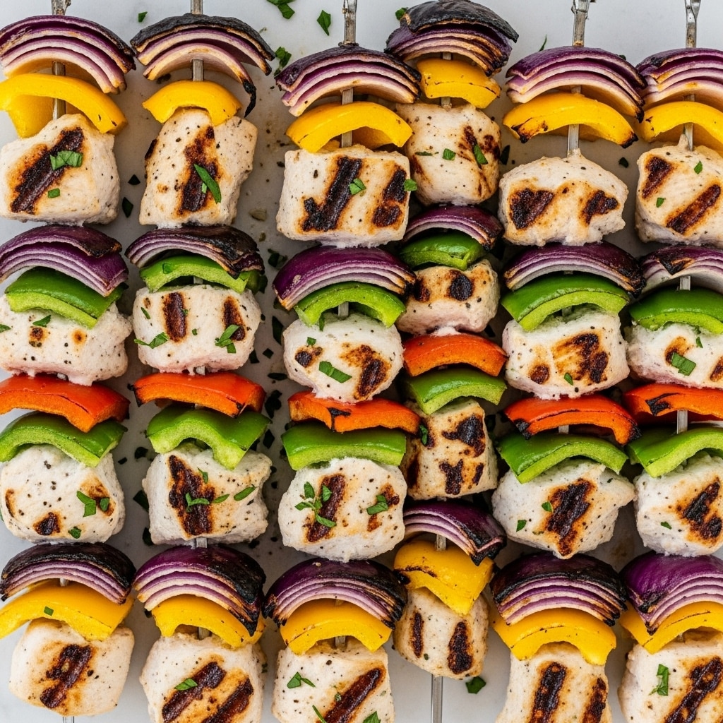 The image shows several skewers of grilled chicken and vegetables arranged close together on a grill or tray. Each skewer has about eight layers, starting with chunks of white grilled chicken with brown char marks, followed by pieces of bright yellow bell pepper, green bell pepper, and red onion that is a mix of purple and white. The vegetables show some slight charring on the edges. Small bits of green herbs are sprinkled over the skewers, adding a fresh touch of color. The background surface is a white marbled texture. photo taken with an iphone --ar 4:5 --v 7