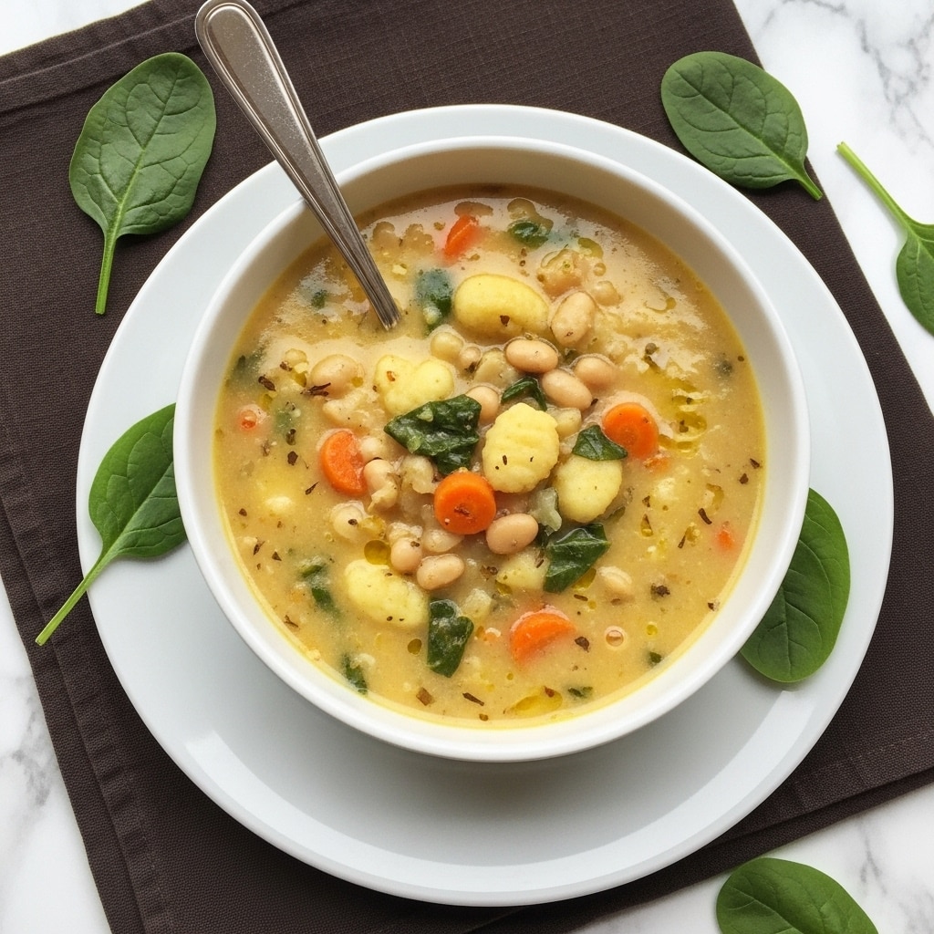 A white bowl filled with thick, creamy soup that has a pale yellow color mixed with visible small pieces of white beans, bits of green leafy herbs, and tiny orange carrot chunks. The soup has a smooth texture with some chunky parts and a silver spoon is placed inside the bowl, standing upright. The bowl is on a matching white plate, set on a dark brown cloth with a white marbled surface underneath. A few fresh green spinach leaves are placed around the setting. photo taken with an iphone --ar 4:5 --v 7