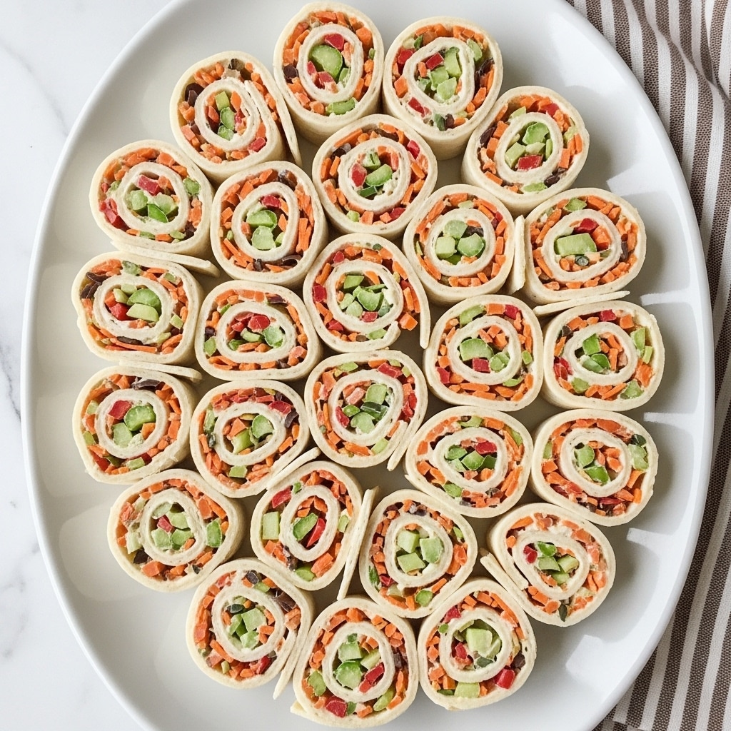 A white oval plate holds 22 small, round tortilla pinwheel rolls arranged closely together in a circular shape. Each pinwheel has two visible layers: a pale beige tortilla wrap outer layer and a creamy white filling with finely chopped colorful vegetables including orange carrots, green celery, red bell peppers, and some darker bits for contrast. The filling is spread evenly and spiraled inside the tortilla, creating a mix of bright and soft colors throughout each piece. The plate is placed on a white marbled surface with a striped brown and white cloth partially visible on the right edge. photo taken with an iphone --ar 4:5 --v 7