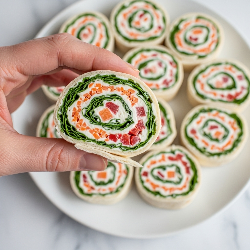 A woman's hand is holding a rolled sandwich slice close to the camera, showing multiple layers inside. The outer layer is a soft, light-colored wrap. Inside, there is a thick white cream cheese layer rolled tightly with finely chopped green herbs, orange carrot pieces, and small red bell pepper bits, all mixed into the creamy layer. The background shows more rolled slices arranged on a white plate, resting on a white marbled surface. photo taken with an iphone --ar 4:5 --v 7
