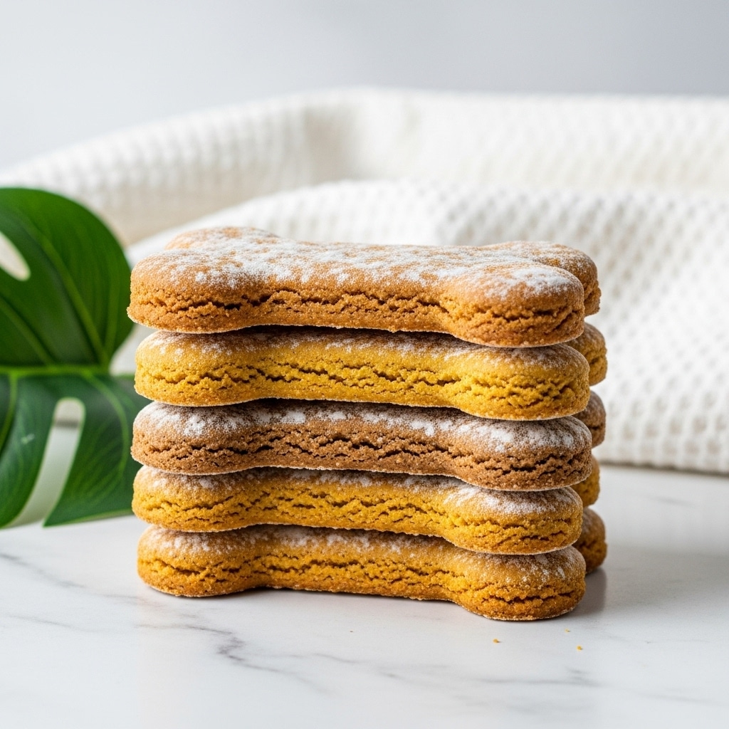 The image shows a stack of six dog bone-shaped treats, each with a golden-brown color and a dusting of white flour on top. The treats have a rough texture, showing a handmade quality. The stack is placed on a white marbled surface next to a green leaf and a white textured cloth in the background. photo taken with an iphone --ar 4:5 --v 7
