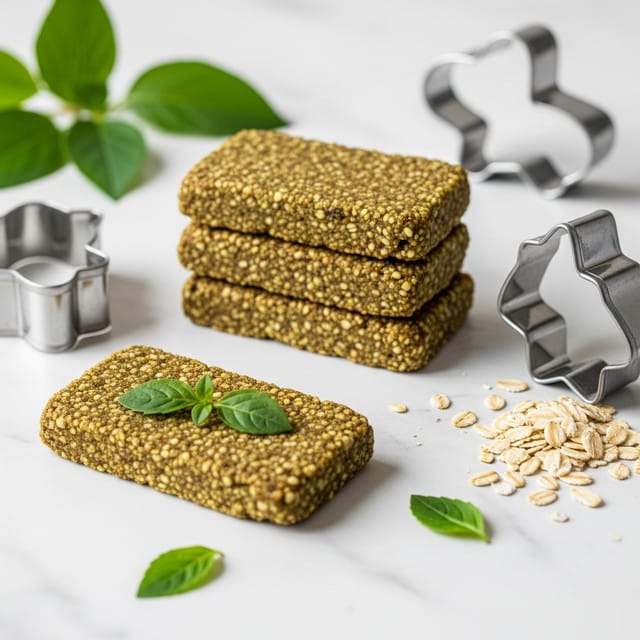 The image shows three stacked, rectangular green snacks with a rough texture, placed on a white marbled surface. In the front, one similar snack lies flat with some small green leaves on it. Nearby, there are scattered oats and two silver cookie cutters shaped like animals. Some fresh green leaves are slightly blurred in the background. The scene is softly lit, emphasizing the fresh and healthy look of the snacks. Photo taken with an iphone --ar 4:5 --v 7