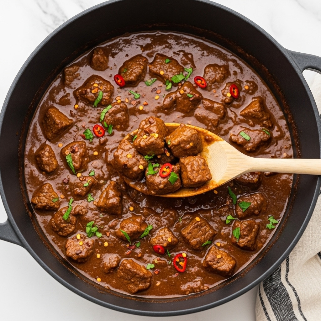 A black pot filled with thick, dark brown stew with tender chunks of meat evenly coated in the rich sauce, small green herb bits sprinkled on top, and some red chili flakes for color. A light wooden spoon lifts several pieces of meat from the pot, showing the chunky texture of the stew. The pot sits on a white marbled surface with part of a striped fabric visible in the corner. Photo taken with an iphone --ar 4:5 --v 7