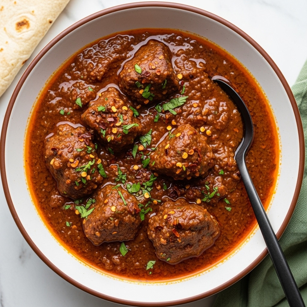 A white bowl with a brown rim holds a rich brown stew with large, chunky pieces of meat covered in thick sauce. The sauce has a deep reddish-brown color and a slightly oily texture with visible bits of red chili flakes and herbs, which are also sprinkled on top. A dark spoon rests on the right side inside the bowl, partially submerged in the sauce. The bowl sits on a white marbled surface, with a folded light beige tortilla partially visible in the upper left corner and a green cloth in the lower right corner. photo taken with an iphone --ar 4:5 --v 7