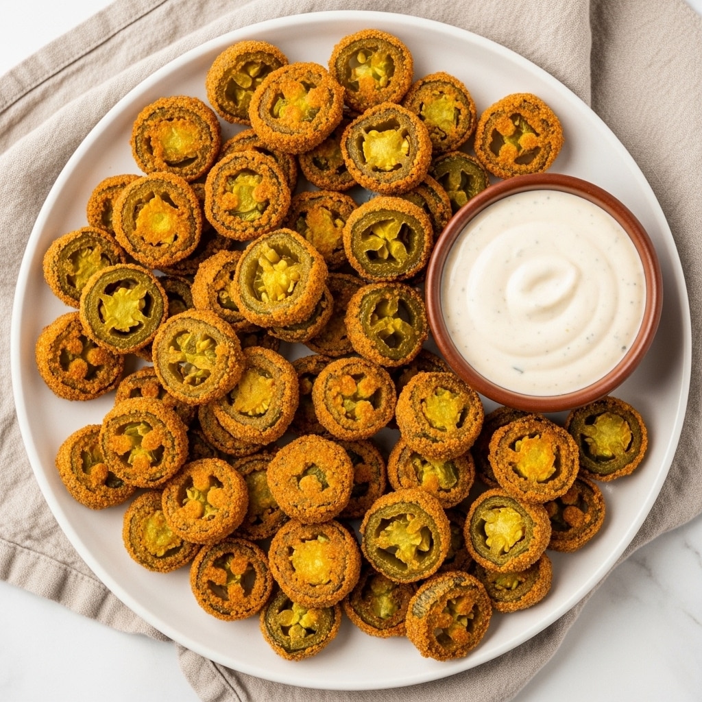A white plate filled with many small golden brown fried slices, each piece showing bits of green inside, arranged around a small brown bowl of creamy white dipping sauce placed on the right side of the plate; the plate sits on a white marbled surface with a light brown cloth napkin partly visible behind it. photo taken with an iphone --ar 4:5 --v 7