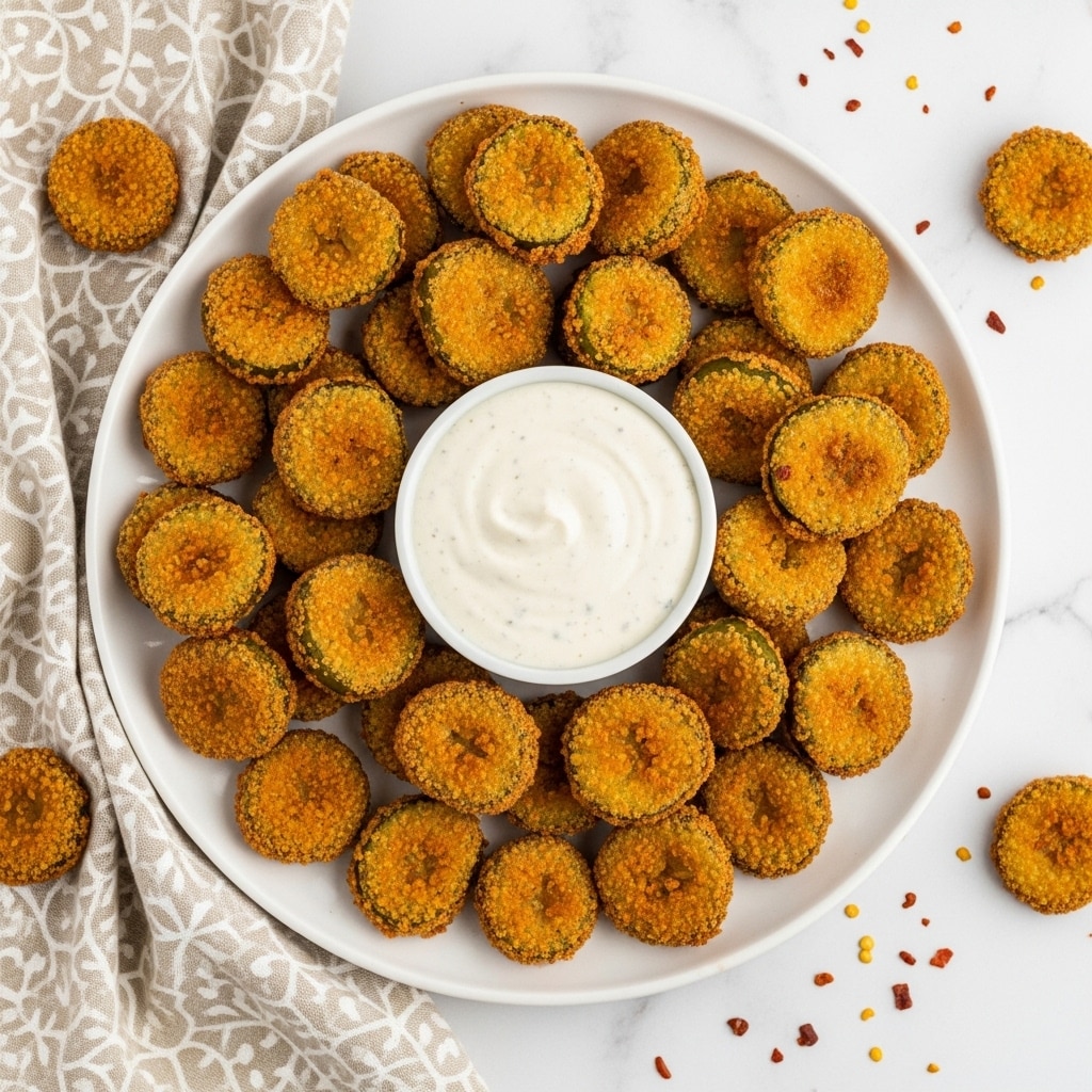 A white plate holds many small, golden-brown fried pickle slices, each round with a slightly crispy texture and some showing green pickle inside. The slices are arranged mostly around the edge, leaving space in the center where a small white bowl filled with smooth, white dipping sauce sits. The plate is on a white marbled surface with some scattered red pepper flakes around. A beige patterned cloth napkin is partially visible under the plate on the left side. photo taken with an iphone --ar 4:5 --v 7