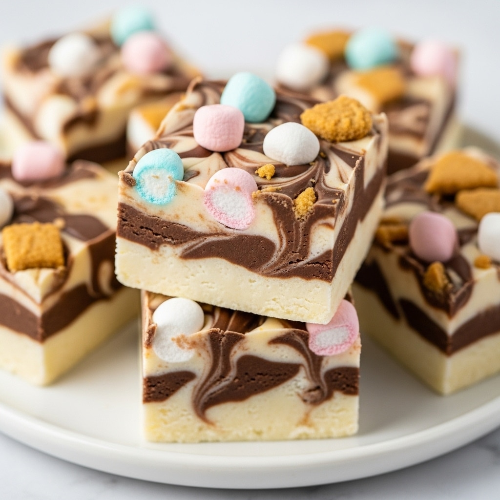 The image shows four square pieces of a layered dessert stacked on a white plate, placed on a white marbled surface. Each piece has two main layers: a bottom layer with white and light yellow swirls, and a top layer with white and dark brown swirls creating a marbled effect. The top of each piece is decorated with small white, pink, and blue mini marshmallows along with crumbled light brown biscuit pieces. The dessert has a smooth and creamy texture with colorful toppings that add a playful touch. Photo taken with an iphone --ar 4:5 --v 7