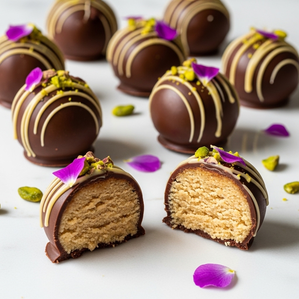 The image shows several round chocolate truffles placed on a white marbled surface. Each truffle has a smooth outer layer of dark brown chocolate with light chocolate drizzle on top. The truffles are decorated with small pieces of green pistachios and purple flower petals, adding texture and color. One truffle is cut in half in the foreground, revealing a crumbly, light tan interior that contrasts with the smooth chocolate shell. Small bits of pistachio are scattered around the truffles. photo taken with an iphone --ar 4:5 --v 7