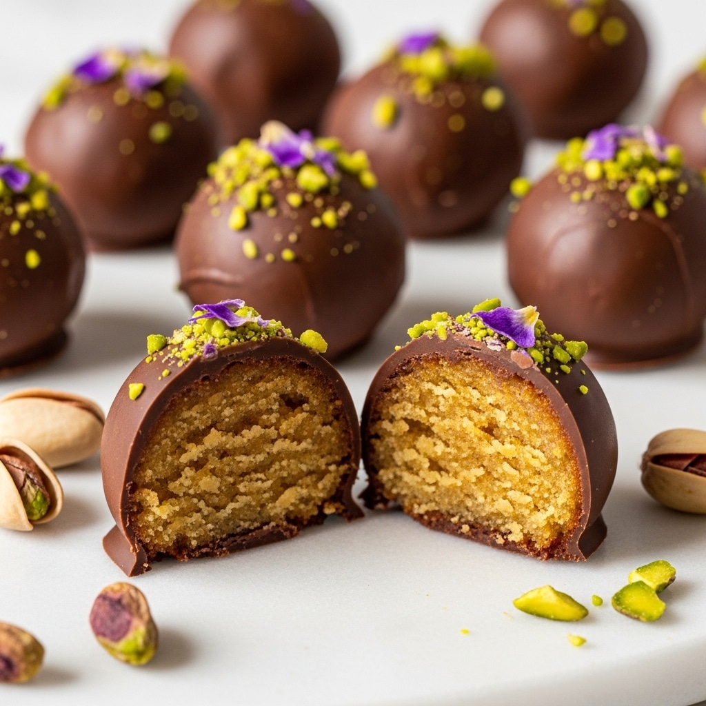 A close-up of round chocolate truffles resting on a white marbled surface, each coated in smooth, dark brown chocolate with a topping of chopped green pistachios and small purple flower petals. Two truffles in the front are cut open, showing a dense, crumbly golden-yellow cake inside, contrasting with the shiny chocolate shell outside. Pieces of whole and chopped pistachios are scattered around the truffles, adding texture and color to the scene. Photo taken with an iphone --ar 4:5 --v 7