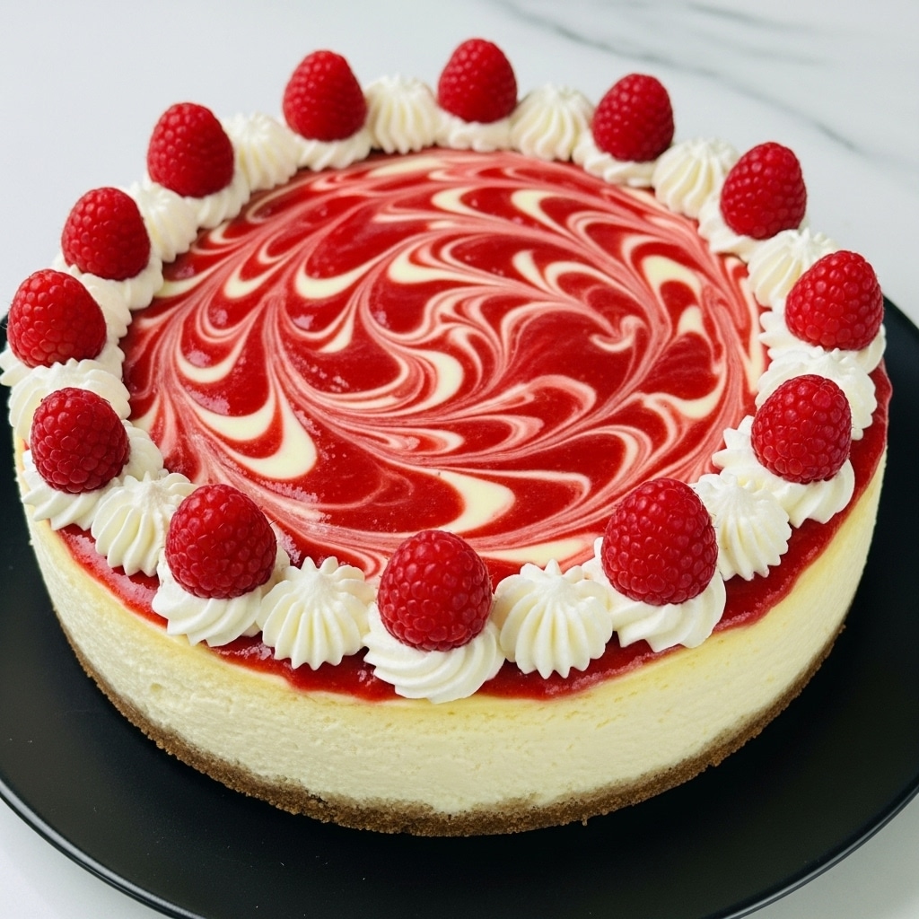The image shows a round cake with three clear layers: a light brown crumb crust forming the base, a thick creamy white layer covering the crust, and a bright red swirl design intricately marbled on the top creamy surface. Around the edge of the cake, there is a circle of fresh red raspberries paired with white dollops of whipped cream in between each berry. The cake sits on a smooth white plate that rests on a white marbled surface, and there are small bowls of extra raspberries visible in the background. Photo taken with an iphone --ar 4:5 --v 7