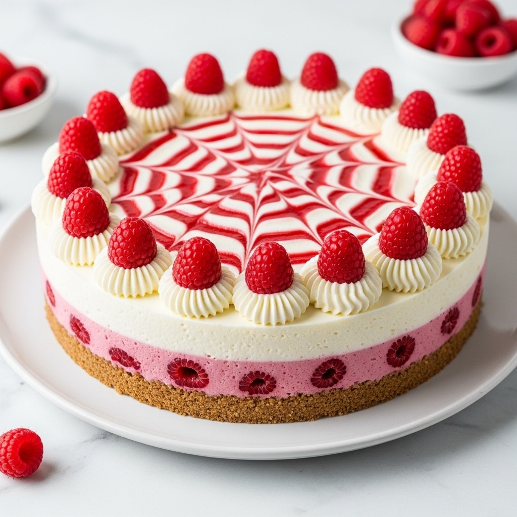 A round cheesecake sits on a white marbled surface, with a golden brown crust forming the base layer. The creamy white cheesecake filling is swirled with vibrant red raspberry sauce creating a smooth, circular marbled pattern across the entire top. Around the edge, alternating dollops of white whipped cream and whole fresh red raspberries form a decorative ring, evenly spaced. The cheesecake is placed on a simple black plate that contrasts with the white marbled surface and draws attention to the bright colors of the dessert. photo taken with an iphone --ar 4:5 --v 7