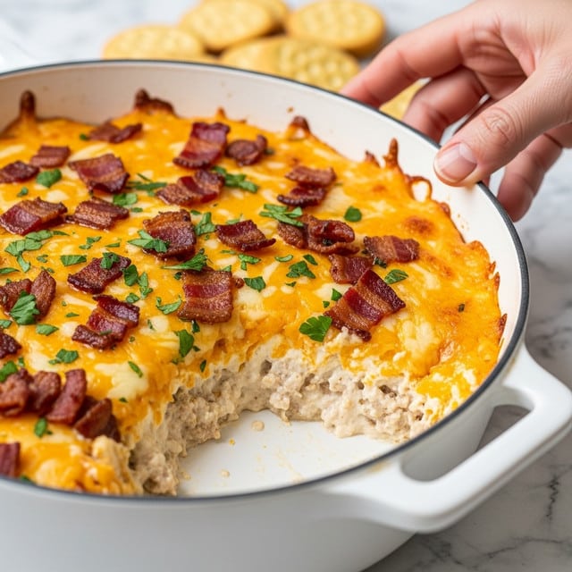 The dish shows a close-up view of a baked casserole with two main layers: a creamy white cheese mixture at the bottom and browned, melted cheddar cheese with browned sausage pieces on top. The cheese on top is bubbly with golden and dark brown spots from baking, and the sausage pieces are scattered evenly, browned and textured. The dish is in a white bowl placed on a white marbled surface. The colors are creamy white, golden yellow, and brown with a rich, melted texture throughout. Photo taken with an iphone --ar 4:5 --v 7