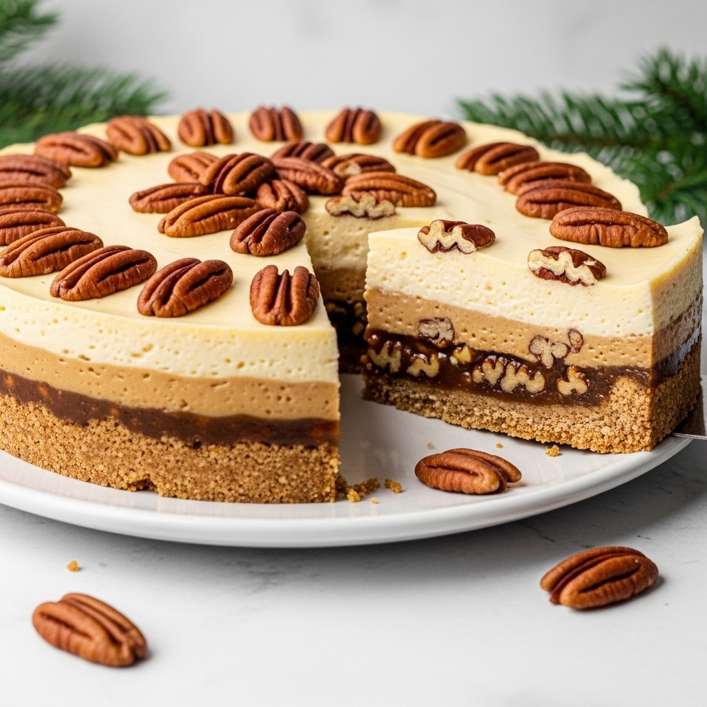 A creamy pecan tart with a golden brown crumb crust forms the bottom and edges, holding three visible layers. The lowest layer is a rich, glossy caramel with chopped pecans mixed inside, followed by a thick, smooth pale cream layer in the middle. The top layer is a light, yellowish custard, decorated evenly with whole and chopped roasted pecans. A slice is missing, showing the layers clearly, and a few pecan pieces are scattered on the white plate beneath. The background has a white marbled texture and some green pine branches are slightly blurred in the distance. Photo taken with an iphone --ar 4:5 --v 7