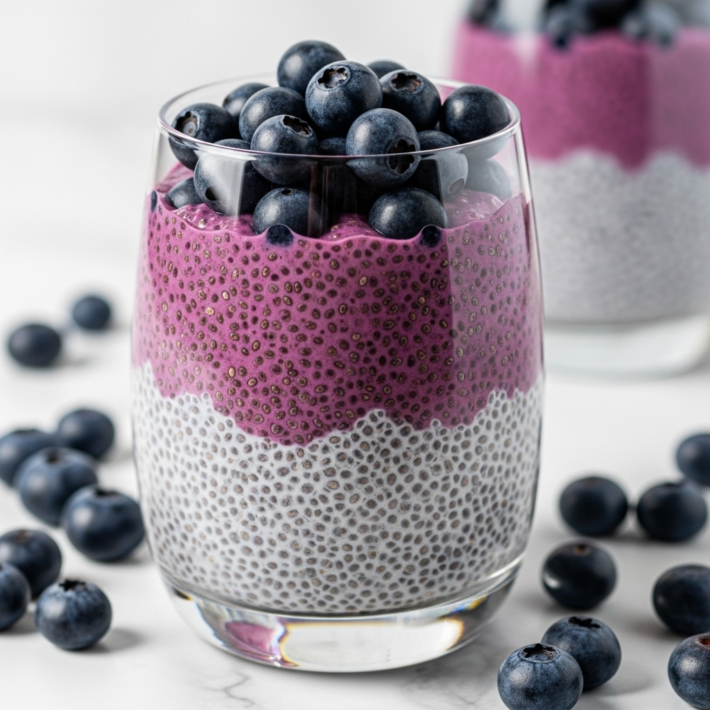 A clear glass filled with three layers: the main bottom and middle layer is a thick purple chia seed pudding with visible small black chia seeds evenly spread throughout, topped with a layer of fresh shiny dark blue blueberries that slightly overflow the rim. Around the glass on the white marbled surface, more blueberries are scattered. In the blurred background, there is a second similar glass of chia pudding. The overall look is fresh, creamy, and textured, with a light from the side enhancing the glass shine. Photo taken with an iphone --ar 4:5 --v 7