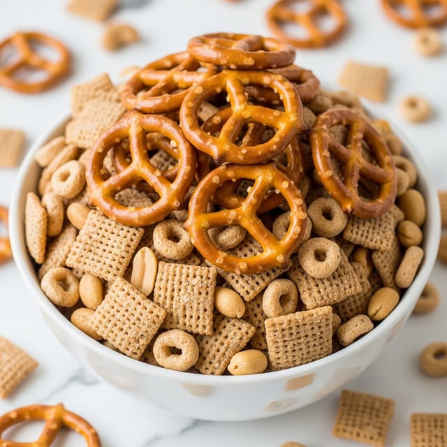A close-up of a woman's hand holding a small pile of snack mix that includes light brown square cereal pieces with a woven texture, golden brown mini pretzels with a smooth surface, and pale peanuts. The snack pieces fill the palm and are clearly visible with good detail. The background is out of focus but shows more snack mix on a white marbled surface. Photo taken with an iphone --ar 4:5 --v 7