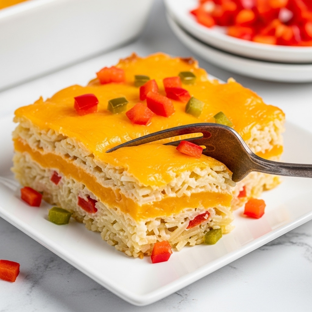 A close-up of a cheesy casserole square served on a white square plate, featuring distinct layers of melted orange cheddar cheese, creamy light yellow sauce, and bits of red and green diced peppers mixed with shredded white noodles throughout. A rustic metal fork is pressing into the middle of the casserole, showing its soft and gooey texture. The plate rests on a white marbled textured surface with part of another white plate in the background filled with more diced red peppers. Photo taken with an iphone --ar 4:5 --v 7