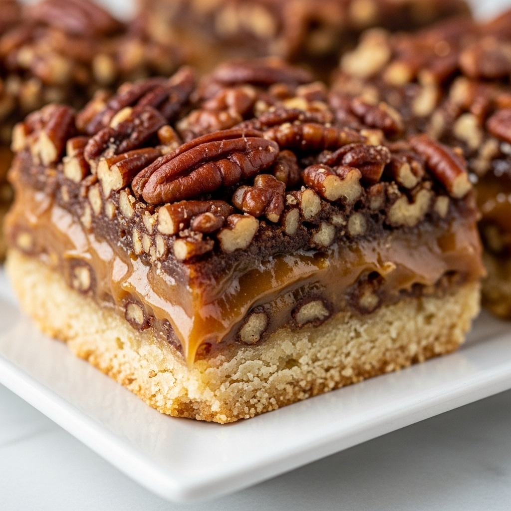 The image shows a close-up of a square dessert bar with three visible layers. The bottom layer is a light golden crust with a firm and crumbly texture. The middle layer is thicker, soft, and gooey with a caramel color and small bits, likely of nuts or filling. The top layer is a dense, crunchy layer with chopped pecans, dark brown and textured, creating a rough surface. The dessert is placed on a white square plate set on a white marbled surface; the background is blurred, emphasizing the dessert's details and texture. photo taken with an iphone --ar 4:5 --v 7