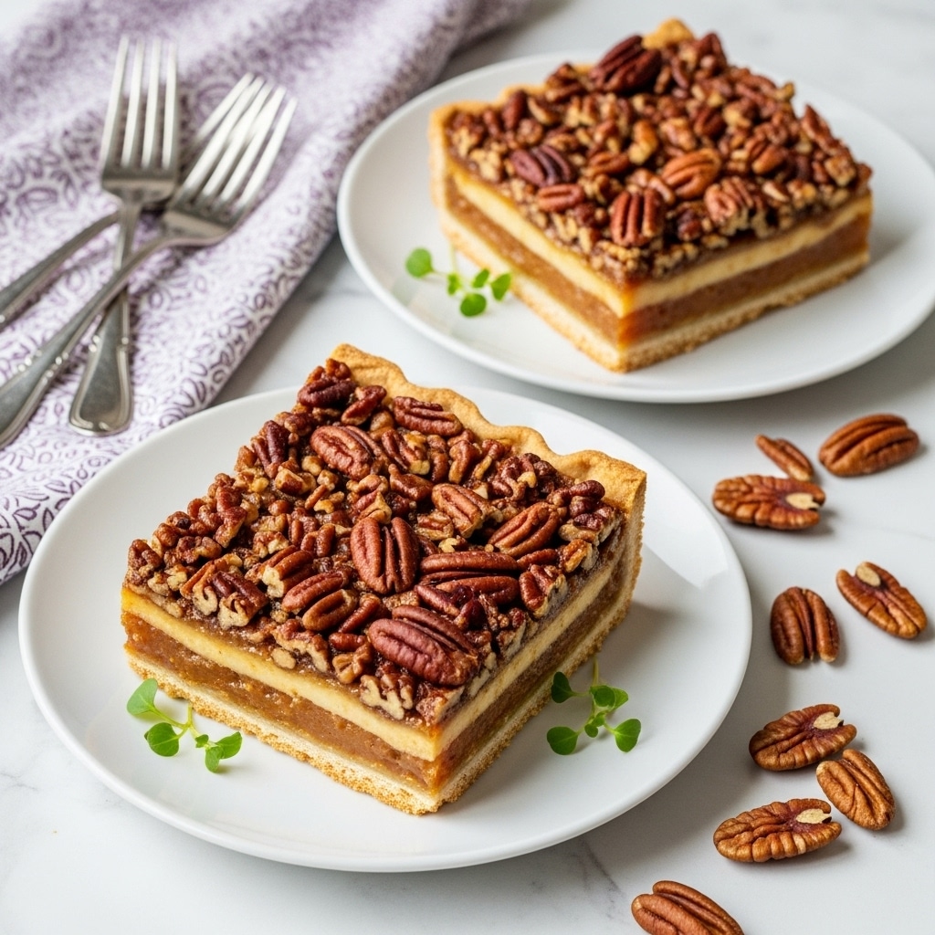 The image shows two square pecan pies on white plates placed on a white marbled surface. Each pie has three visible layers: a golden-brown crust at the bottom, a soft, slightly translucent caramel-like filling in the middle, and a thick top layer of chopped pecans in various shades of brown and reddish-brown. The pecans are unevenly spread, giving texture and a crunchy look. Both plates have small green herbs beside the pies and scattered pecan pieces around them. In the upper left corner, there are three silver forks resting on a purple and white patterned cloth. Photo taken with an iphone --ar 4:5 --v 7
