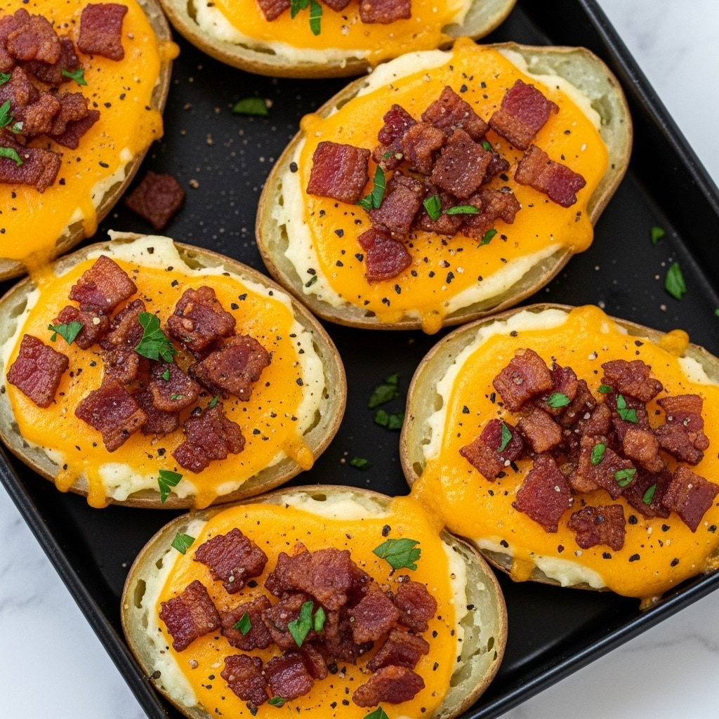 The image shows a close-up of five small baked potato halves arranged in a black tray, placed on a white marbled surface. Each potato half has a golden-yellow melted cheddar cheese layer on top of the creamy potato flesh, sprinkled with black pepper. On top of the cheese, there are crispy, small, dark reddish-brown bacon pieces scattered evenly across all potatoes. Small bits of fresh green parsley are sprinkled over the bacon and cheese, adding a touch of color. The potato skins are light brown with a slightly rough texture, creating a rustic look. Photo taken with an iphone --ar 4:5 --v 7