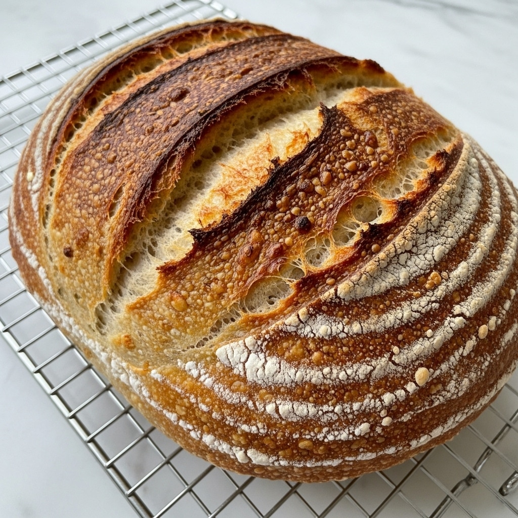 A close-up of a freshly baked loaf of bread resting on a metal cooling rack over a white marbled surface. The bread has a thick, golden-brown crust with darker toasted edges and visible scoring down the middle. The surface texture shows a mix of crispiness and softness, with some parts slightly cracked, revealing a fluffy interior beneath. Photo taken with an iphone --ar 4:5 --v 7