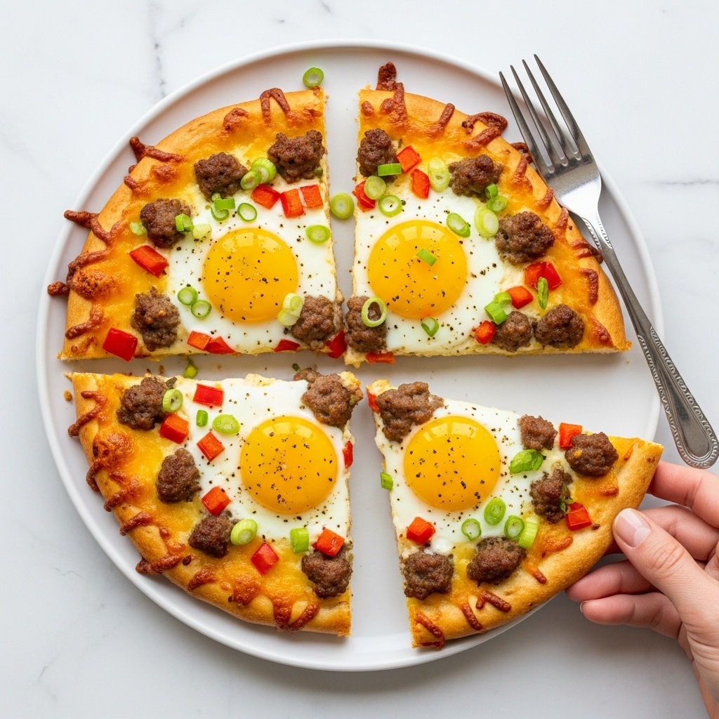 A round breakfast pizza sliced into four pieces sits on a white plate, placed on a white marbled surface. The pizza has a golden-brown crust that looks crispy, topped with melted yellow cheese covering the base. Each slice has a cooked sunny-side-up egg with a bright yellow yolk in the center. Crumbled cooked sausage pieces are scattered evenly on top, along with small diced red and green bell peppers, and chopped green onions sprinkled over everything. The cheese near the edges is browned and slightly crispy, adding texture. A silver fork rests next to the pizza on the plate, and a woman's hand is reaching toward a slice. Photo taken with an iphone --ar 4:5 --v 7