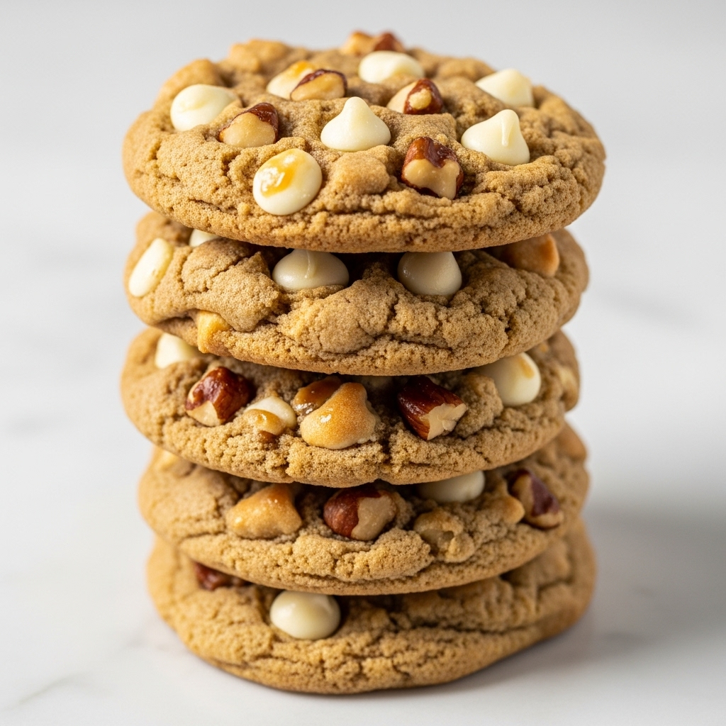 A tall stack of five thick, golden brown cookies sits on a white marbled surface, each cookie studded generously with large white chocolate chips and chunks of nuts. The cookies have a rough, slightly cracked texture, showing a soft and chewy interior. The top cookie is dotted with white chocolate chips that glisten slightly, while the layers below show a mix of chips and nuts baked into the dough. The stack leans slightly, giving a sense of softness and freshness. Photo taken with an iphone --ar 4:5 --v 7