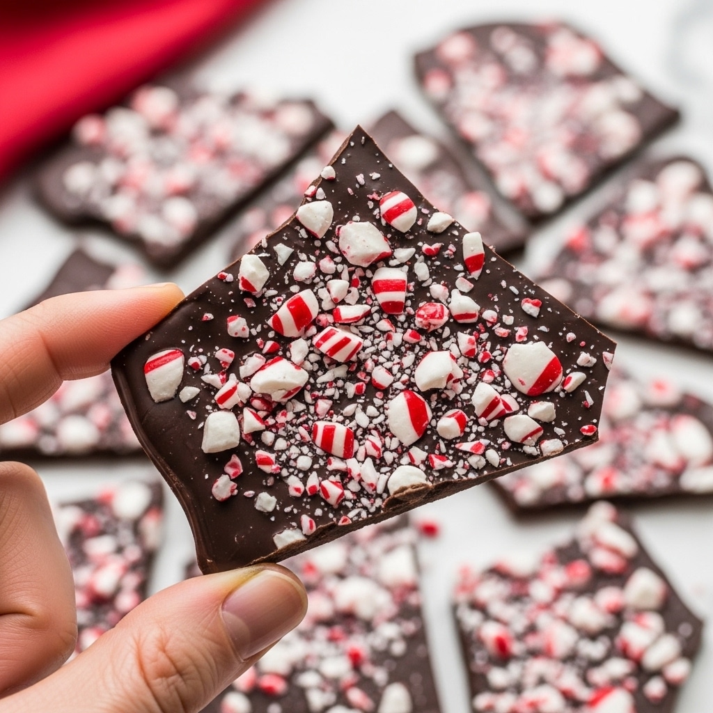 A close-up shows a piece of dark chocolate bark held between the thumb and forefinger of a woman's hand. The bark is unevenly shaped, with a smooth, glossy dark brown surface covered with broken white and red peppermint candy pieces scattered thickly on top. In the background, more pieces of the chocolate bark rest on a white marbled surface with a soft red cloth beneath it, out of focus. Photo taken with an iphone --ar 4:5 --v 7