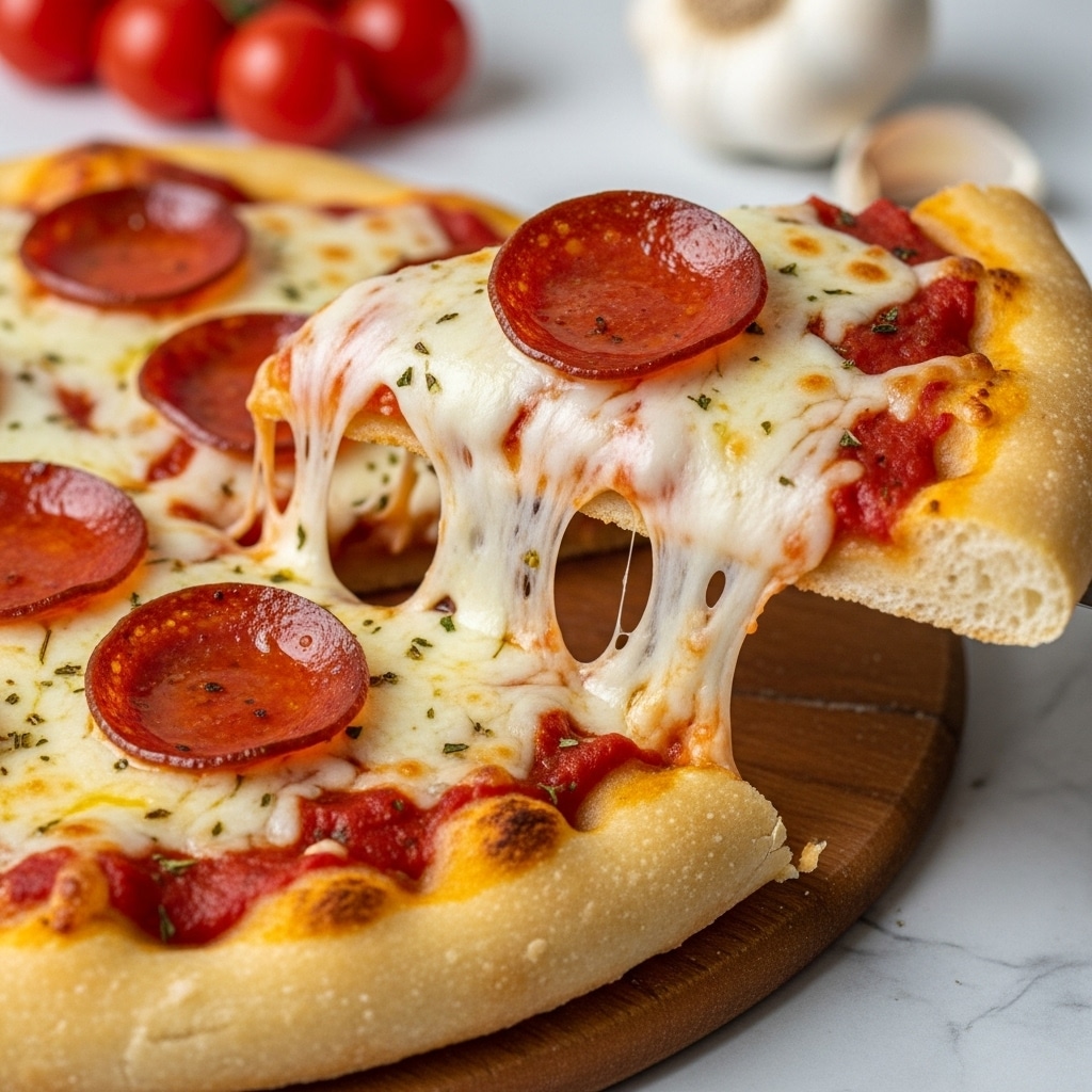 A slice of pepperoni pizza with three visible pepperoni slices on top, each a rich reddish-brown color, slightly curled and glistening with oil. The cheese layer beneath is thick, melted, and creamy white, stretching with gooey strings as the slice is pulled away. Under the cheese, there is a layer of red tomato sauce with some herbs sprinkled throughout, giving a textured look. The crust is golden brown and thick, visible at the edges and base, resting on a wooden pizza peel. In the background, there are some blurred red cherry tomatoes and a garlic bulb on a white marbled surface. photo taken with an iphone --ar 4:5 --v 7