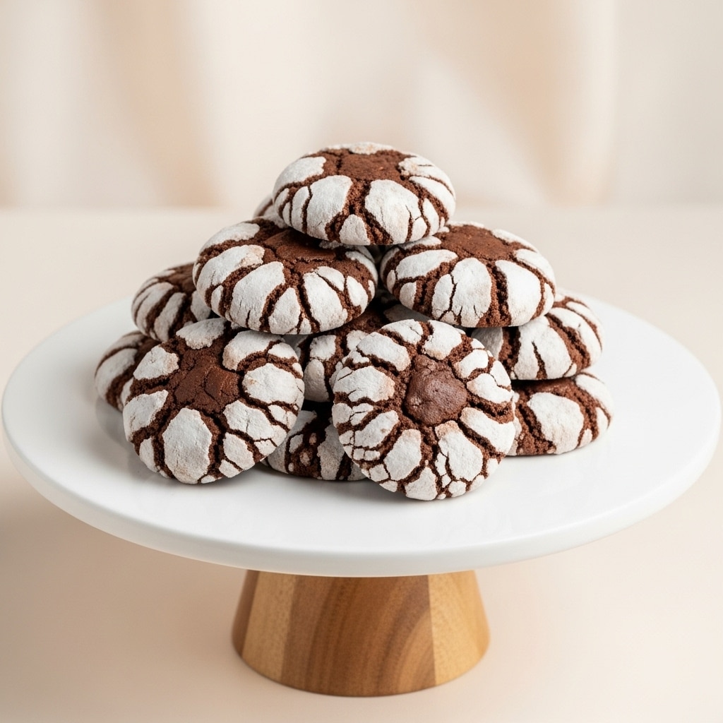 A white round cake stand with a wooden base holds a pile of chocolate crinkle cookies. The cookies are dark brown with many white cracks on the surface, showing a rough, cracked texture. They are stacked in a small mound at the center of the stand, and the background is a soft beige color with a smooth, plain look. Photo taken with an iphone --ar 4:5 --v 7