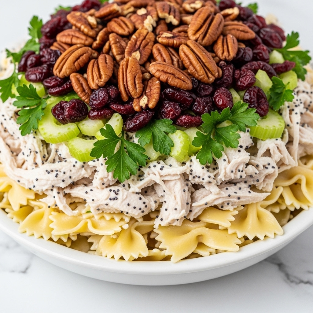 A close-up view of a white bowl filled with a layered pasta salad sitting on a white marbled surface. The first layer is light yellow bowtie pasta with a smooth texture, spread evenly to cover the base. On top of the pasta lies a creamy mixture with shredded white chicken pieces dotted with small black poppy seeds. Scattered across the salad are green celery chunks and fresh flat parsley leaves, adding a fresh contrast. Dark red dried cranberries and whole brown pecan halves are sprinkled generously over the top, creating a colorful and textured appearance. The salad looks fresh and inviting, with a mix of smooth, crunchy, and chewy textures. Photo taken with an iphone --ar 4:5 --v 7