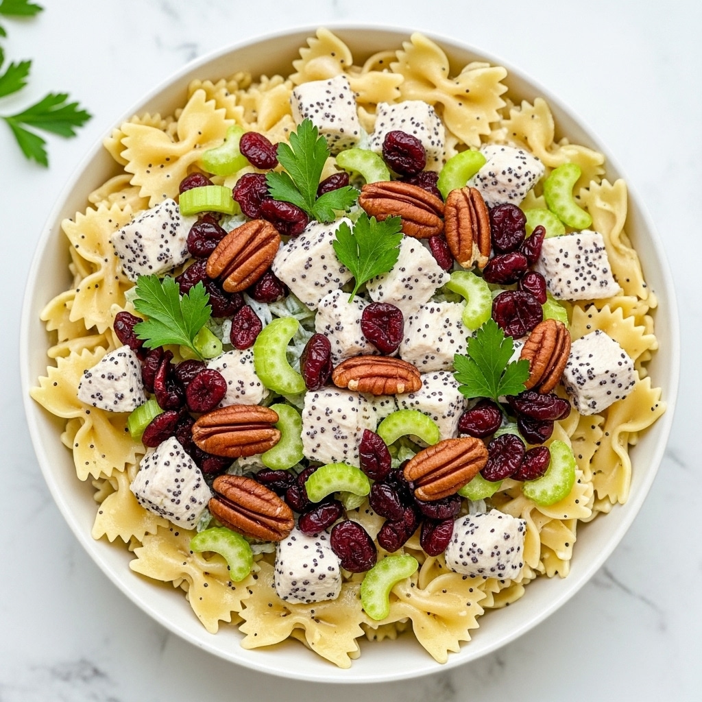 A bowl filled with a layered pasta salad featuring farfalle pasta as the base layer in a light yellow color, topped with chunks of white chicken pieces coated in a creamy dressing with small black poppy seeds. Adding a fresh, crunchy texture, bright green celery pieces are scattered throughout the dish along with whole pecan nuts that bring a rich brown color and a glossy surface. Deep red dried cranberries add a sweet contrast and are spread evenly, while sprigs of fresh green parsley are also visible, giving a lively touch. This dish is served in a white bowl placed on a white marbled surface, photo taken with an iphone --ar 4:5 --v 7