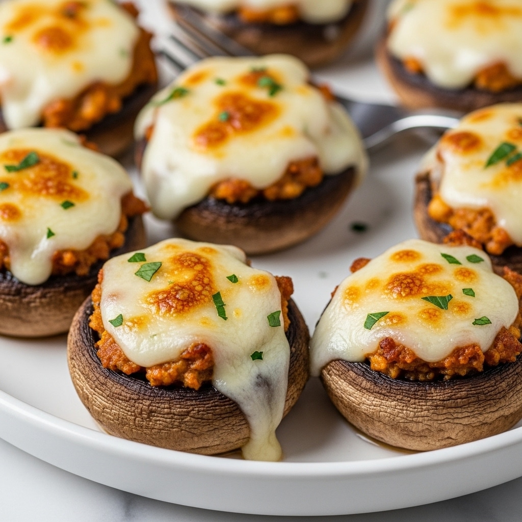 The image shows a close-up of baked stuffed mushrooms, arranged in a white bowl with a white marbled texture underneath barely visible. Each mushroom has a brown cap filled with a rich layer of melted cheese on top, which is creamy white with golden brown spots, indicating it is baked to a light crust. The stuffing inside the mushrooms peeks through the cheese, showing a mixture of light brown and orange hues, sprinkled with small green herb bits for garnish. The cheese slightly drips down the mushroom sides, creating a soft, gooey texture, while the mushrooms themselves have a firm, slightly wrinkled texture. A fork is placed in the bowl, partly visible behind one mushroom. The entire dish has a warm and inviting look. photo taken with an iphone --ar 4:5 --v 7