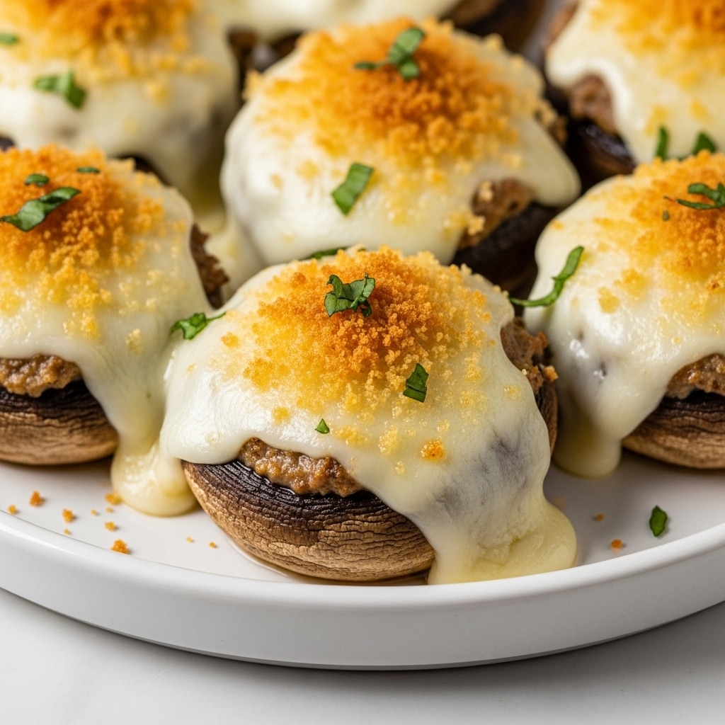 The image shows several baked mushrooms stuffed with filling, each topped with a thick layer of melted white cheese that drips over the sides. On top of the cheese is a golden-brown crispy breadcrumb layer with small green herb garnishes scattered on it. The mushrooms are placed close together in a round, white dish, sitting on a white marbled surface. The lighting highlights the gooey cheese and crispy topping, making the dish look warm and fresh. photo taken with an iphone --ar 4:5 --v 7