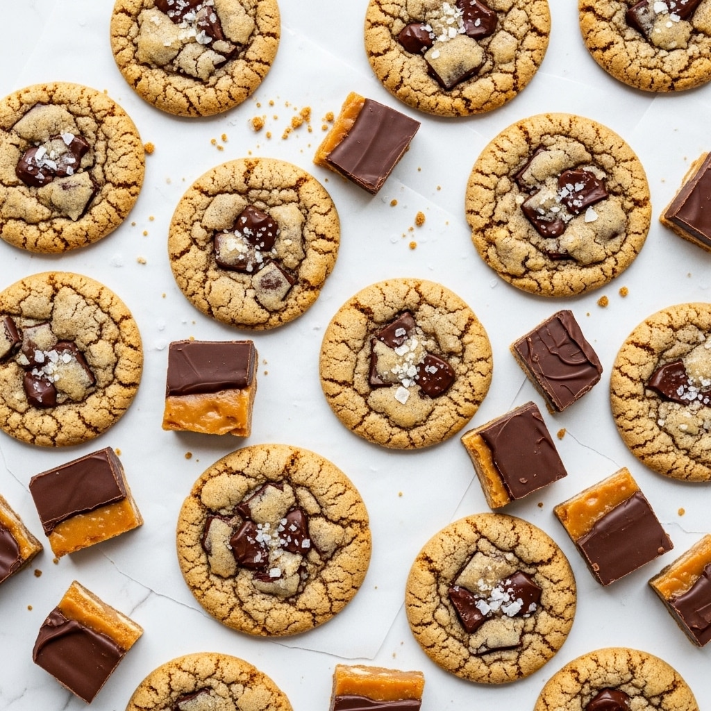 The image shows a close-up of a white plate on a white marbled surface, holding a mix of snacks. On the left side, there is a stack of light tan saltine crackers with a slightly toasted look. In the center and bottom right, there are three thick, round cookies with a cracked texture, swirls of chocolate, and sprinkled with coarse sea salt. Scattered around the cookies are uneven pieces of a chocolate-covered toffee bark, showing a shiny, dark chocolate top layer and a crunchy golden base. The overall setting is clean and bright. photo taken with an iphone --ar 4:5 --v 7