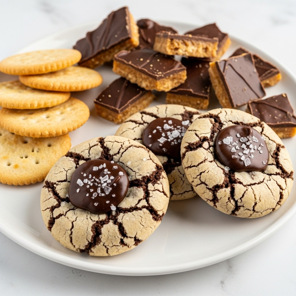 A group of cookies is spread on white parchment on a white marbled surface, each cookie round with a golden-brown color and cracked texture, showing bits of darker chocolate mixed inside. Many of the cookies have a sprinkle of coarse white salt on top. Around and between the cookies, there are broken pieces of a toffee bar with a light caramel color base topped by a dark chocolate layer that looks smooth and glossy. The scene shows some crumbs scattered around, adding to the fresh-baked feel. photo taken with an iphone --ar 4:5 --v 7