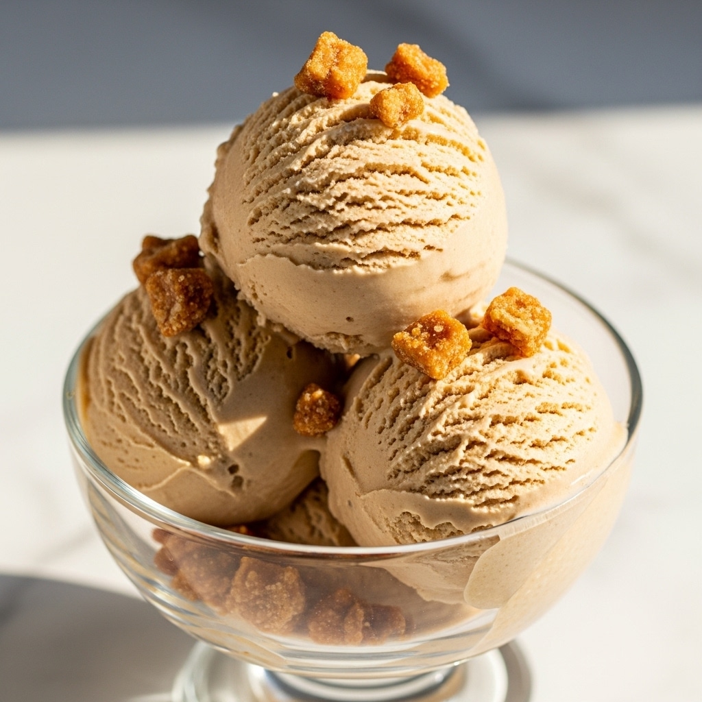The image shows three scoops of light brown ice cream stacked in a clear glass dessert bowl. The ice cream has a smooth and creamy texture with visible fine lines from scooping. Crumbled chunks of caramel-colored nuts are sprinkled around and on top of the ice cream, adding a crunchy texture contrast. The bowl sits on a white marbled surface with a soft, blurred background and soft natural light shining from the right side. photo taken with an iphone --ar 4:5 --v 7